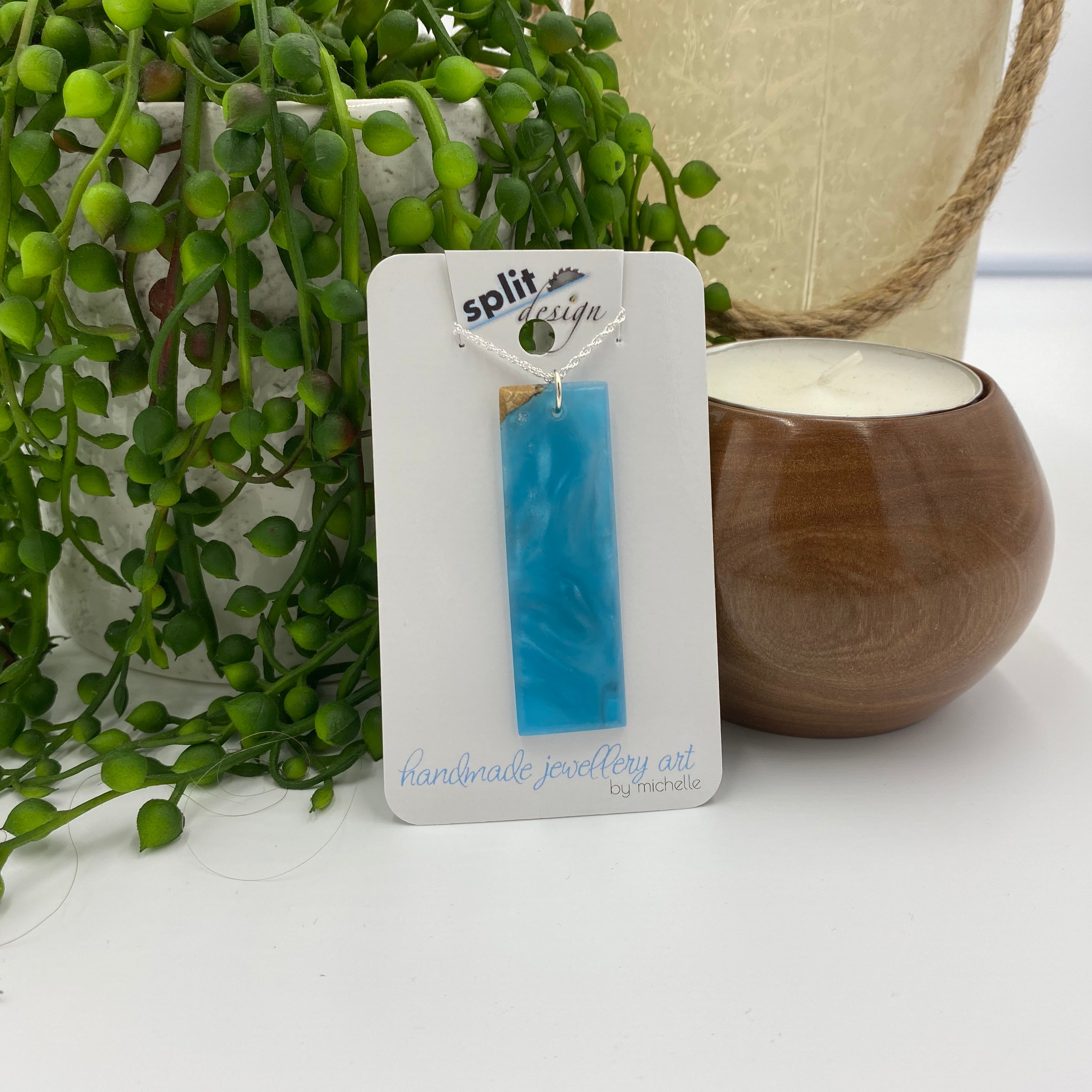 Camphor Laurel & Blue Resin Necklace with Sterling Silver Chain by Split Design Coffs Harbour